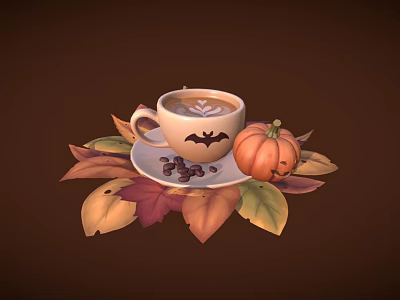 Warm Autumn Coffee with Bat Latte Art and Pumpkin Surrounded by Fall Leaves and Beans 3d model