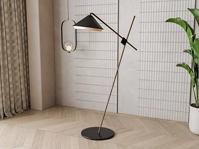 Modern Black Floor Lamp With Metal Stand In Contemporary Living Room And Wooden Floor 3d model