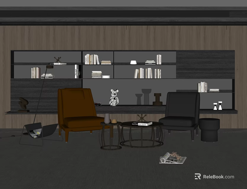 Casual Sofa Set With Two Single Brown Black Sofas Round Coffee Table Bookshelf Decor 3d model 