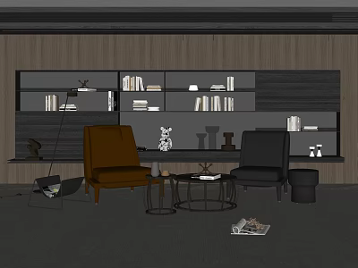 Casual Sofa Set With Two Single Brown Black Sofas Round Coffee Table Bookshelf Decor 3d model