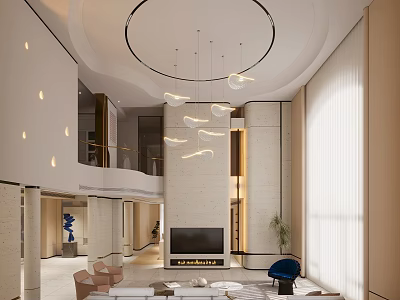Modern Loft Living Room With Circular Ceiling Lights And Large Windows 3d model