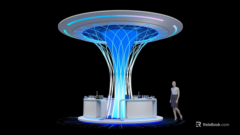 Exhibition Island Featuring Blue Glowing Lines Circular Top White Structure And Counters With Woman Beside 3d model 