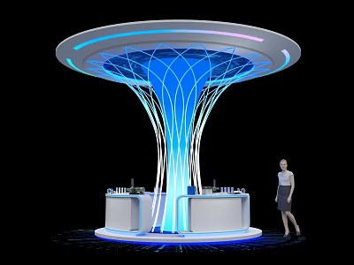 Exhibition Island Featuring Blue Glowing Lines Circular Top White Structure And Counters With Woman Beside 3d model