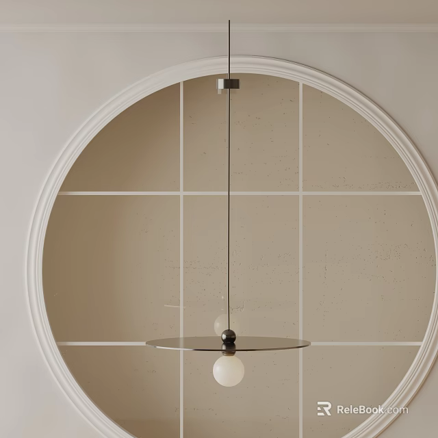 Modern Sleek Pendant Light With Circular Tray Black Rod White Sphere And Grid Pattern Wall 3d model 