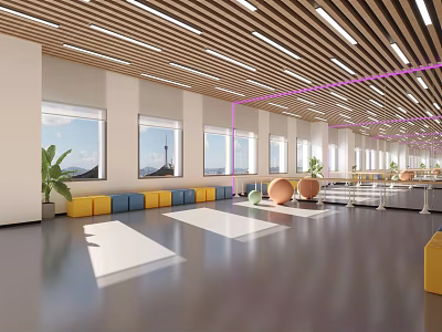 Bright Modern Fitness Studio With Colorful Seating Exercise Balls And Large Windows 3d model