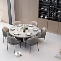 Round Dining Table Set with Gray Modern Chairs Tableware Cabinets Wine Rack And Plants 3d model