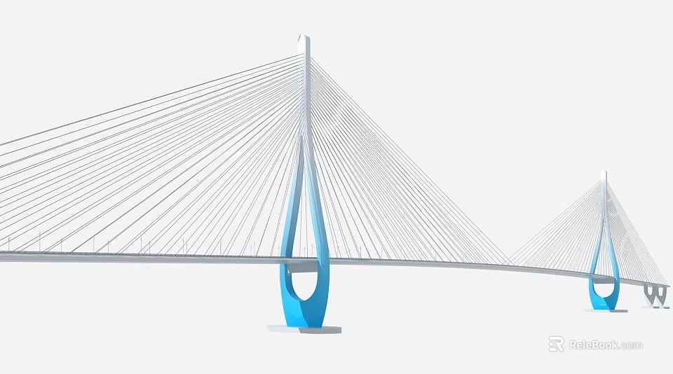 Cable Stayed Bridge with Blue Pylon and White Cables Modern Design Structure 3d model