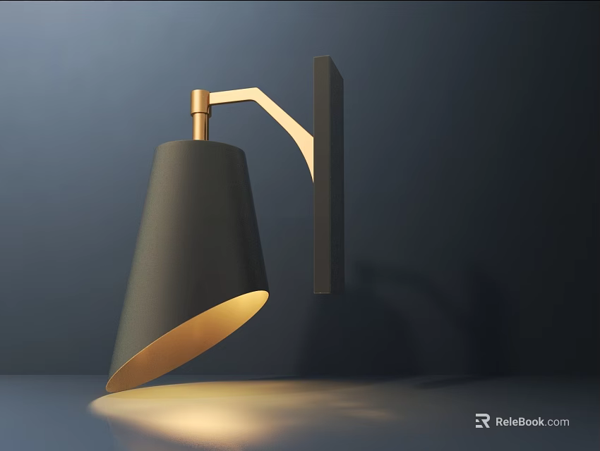 Modern Wall Lamp With Black Shade And Golden Arm Mounted On Wall 3d model 