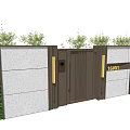 Dark Brown Entrance Gate With Number 16401 Green Shrubs And Gray Walls