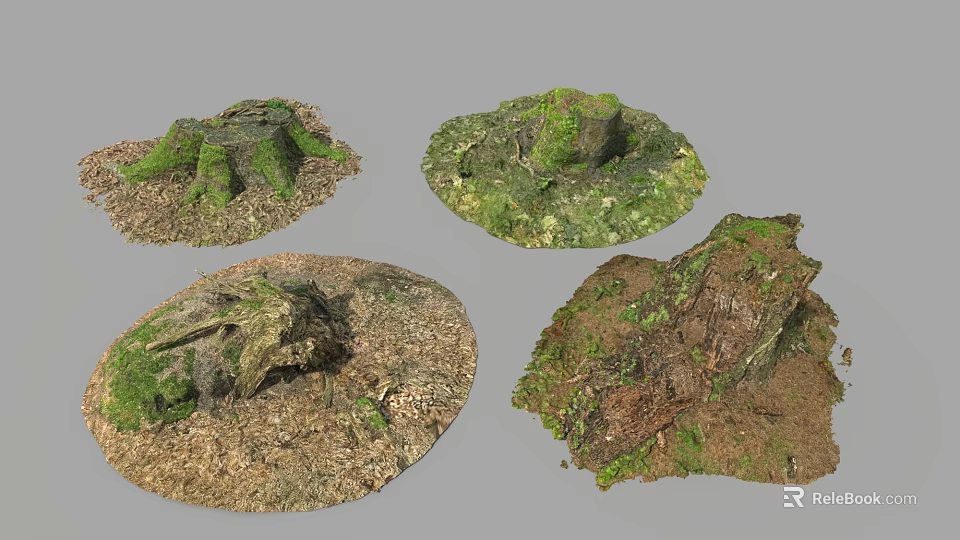 Natural Tree Stumps With Moss Covered Bark And Exposed Roots 3d model