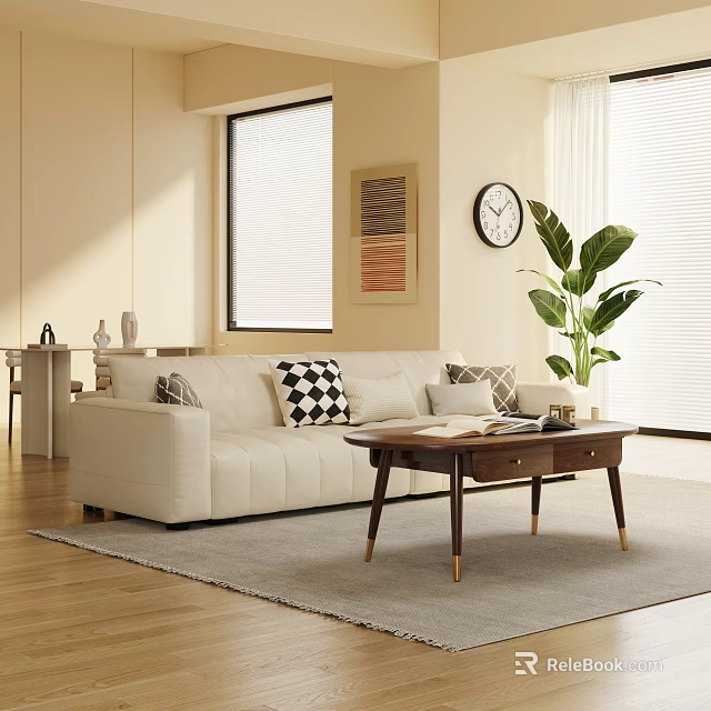 White Spacious Sofa With Patterned Pillows Wooden Coffee Table Green Plant And Window Blinds 3d model
