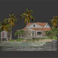 Cartoon Tropical Island Scene With Beach House Palm Trees Small Cabin And Wooden Pier