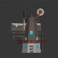 Red White Bladed Windmill With Billboard Traffic Light And Bench As Scenic Components