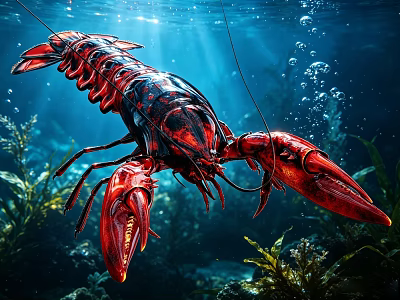 Red Lobster Swimming In Underwater Environment With Green Seaweed Bubbles And Sunlight Rays 3d model