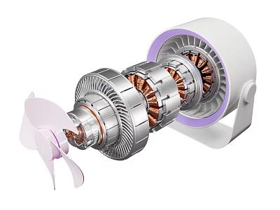 Motor Cutaway View Showing Internal Structure With Fan Blades Copper Coils White Casing Purple Ring 3d model