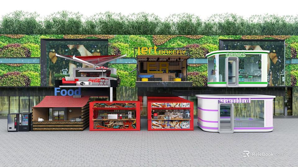 Colorful Retail Shops With Green Plant Wall And Diverse Facades 3d model 