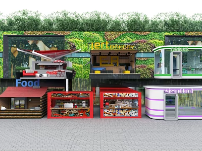 Colorful Retail Shops With Green Plant Wall And Diverse Facades 3d model