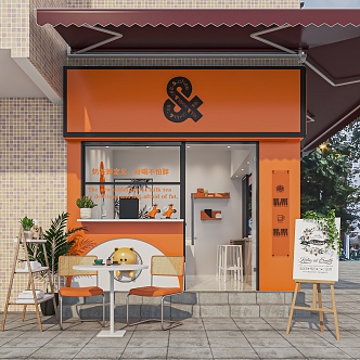 Modern coffee shop milk tea shop dessert shop bar cashier console leisure tables and chairs back kitchen equipment 3d model