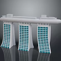 Modern Architectural Design Of Three Towers With Blue Glass Facades And Ship Shaped Skybridge