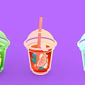 Colorful Iced Drinks with Fresh Fruit Slices in Transparent Cups with Straws and Lids