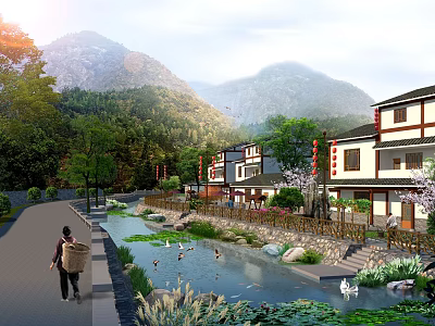 Scenic Traditional Garden Landscape With Mountain View Stream Ducks And Pedestrian 3d model