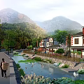 Scenic Traditional Garden Landscape With Mountain View Stream Ducks And Pedestrian