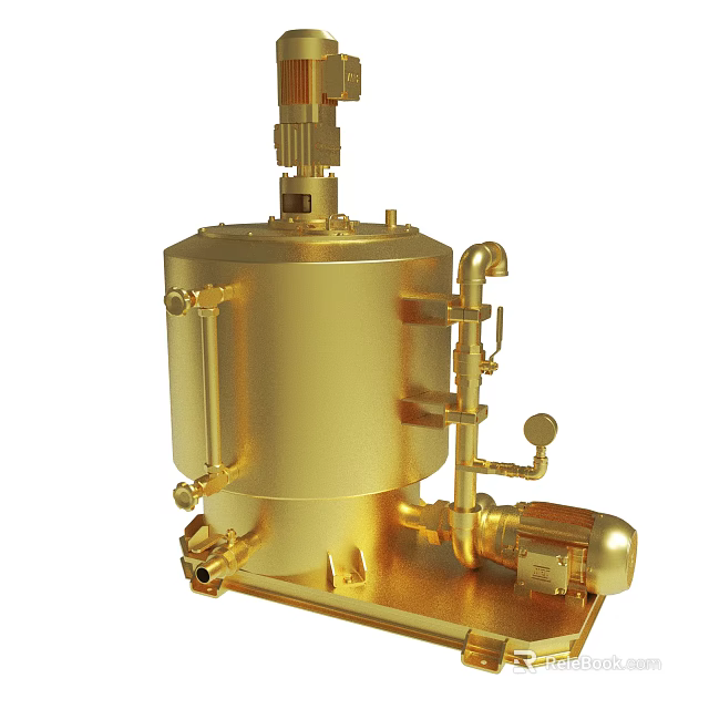 Golden Industrial Reactor Tank With Stirring Mechanism Pipes Valves And Base 3d model 