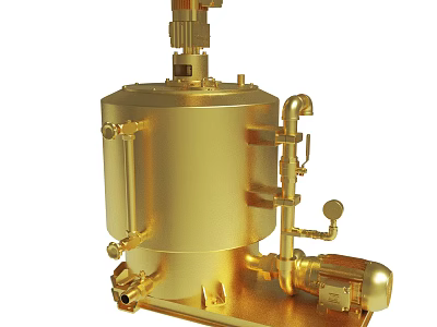 Golden Industrial Reactor Tank With Stirring Mechanism Pipes Valves And Base 3d model