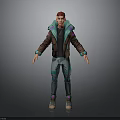 3D Character With Red Hair Brown Jacket Blue Accents Blue Pants Purple Green Detailed Shoes