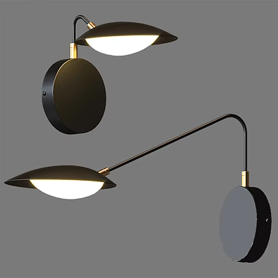 Modern Black Gold Wall Lamps with Curved Arm and Round Illuminated Shade 3d model