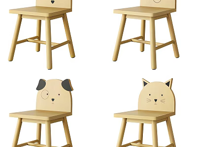 Kids Wooden Chairs with Cute Animal Face Design for Toddler Seating 3d model