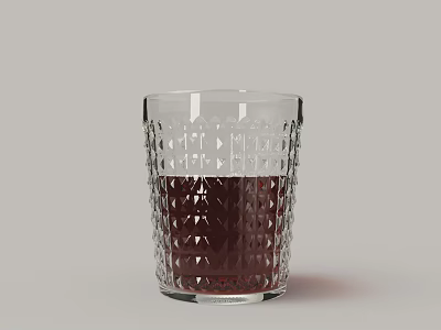 Clear Glass Tumbler With Diamond Pattern Filled With Red Liquid Against Gray Background 3d model