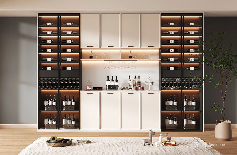 Modern Wine Cabinet Interior Design With Wine Racks Glassware And Lighting 3d model