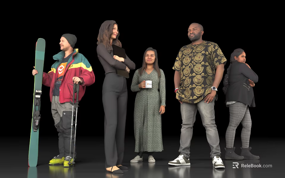Group of diverse people with snowboard crutches and cup in various outfits against black background 3d model 