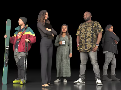 Group of diverse people with snowboard crutches and cup in various outfits against black background 3d model