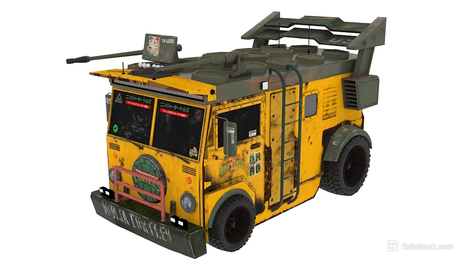 Yellow Weathered Military Tactical Truck With Mounted Weapons Green Camouflage Side Ladder And Rugged Design 3d model 