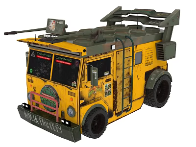 Yellow Weathered Military Tactical Truck With Mounted Weapons Green Camouflage Side Ladder And Rugged Design 3d model