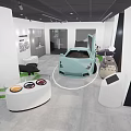 Modern Car Showroom Interior Featuring Green Sports Car With Open Hood Displaying Engine And Sofas