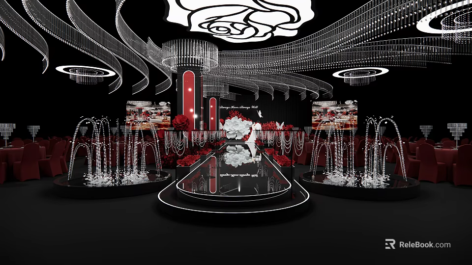 Elegant Banquet Hall Interior With White Rose Ceiling Crystal Lights And Round Stage 3d model 