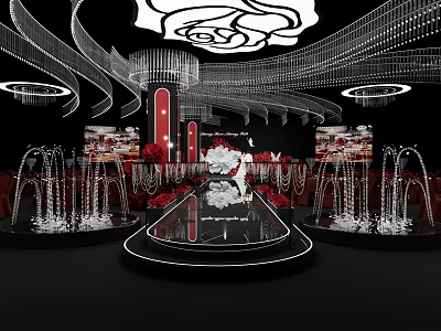 Elegant Banquet Hall Interior With White Rose Ceiling Crystal Lights And Round Stage 3d model