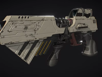 Futuristic Tech Inspired Weapon With Metallic Texture Heavy Duty Ringed Barrel And Red Gray Grip 3d model