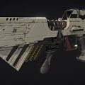 Futuristic Tech Inspired Weapon With Metallic Texture Heavy Duty Ringed Barrel And Red Gray Grip