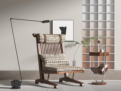 Comfortable Wooden Lounge Chair With Patterned Cushions Floor Lamp And Potted Plant 3d model