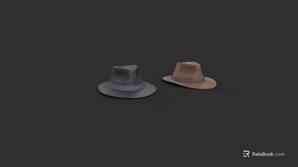Two Stylish Hats in Gray and Brown with Ribbon Bands on Black Background 3d model 