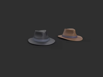Two Stylish Hats in Gray and Brown with Ribbon Bands on Black Background 3d model