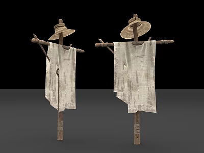 Two Scarecrows With Straw Hats And Worn Cloth On Wooden Poles 3d model