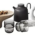 Decorative Ornament Set With Wooden Tray Marble Ring Black Teapot And Glass Cups