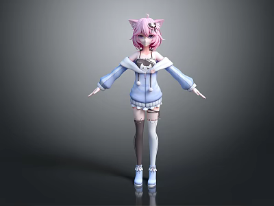 Anime Character With Pink Hair Cat Ears Wearing Blue White Hoodie Skirt Knee High Socks 3d model