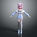 Anime Character With Pink Hair Cat Ears Wearing Blue White Hoodie Skirt Knee High Socks