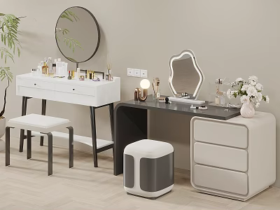 Modern Dressing Table with Round Mirror Cosmetics Stool Storage Drawers and White Flowers 3d model